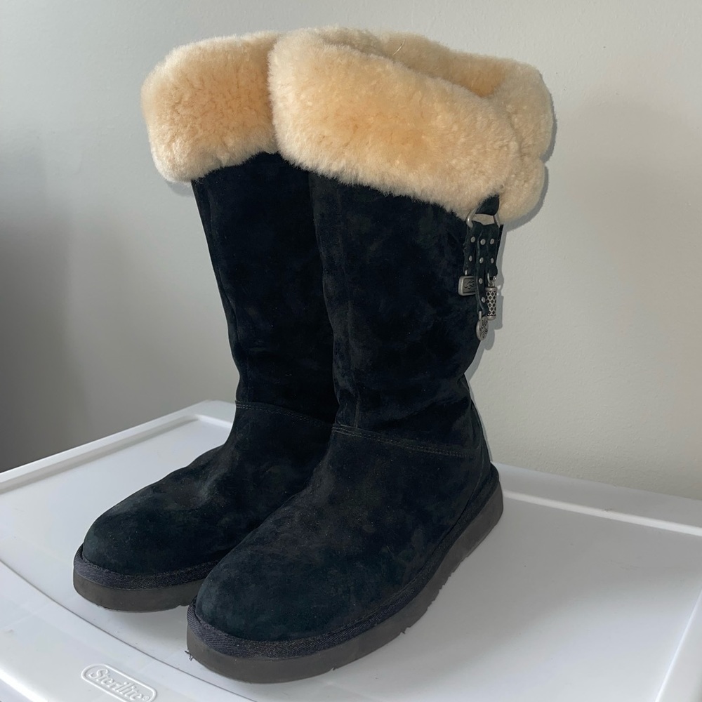 UGG Tall Black Sheepskin Boots with Zipper on Side